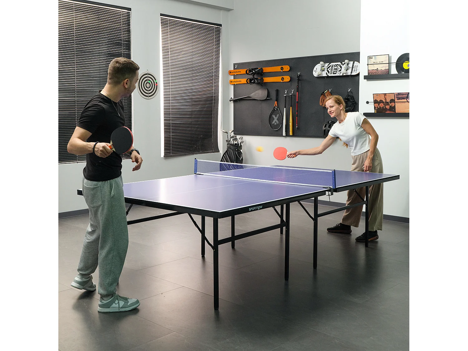 Tavolo da ping pong pieghevole in legno e acciaio blu e viola