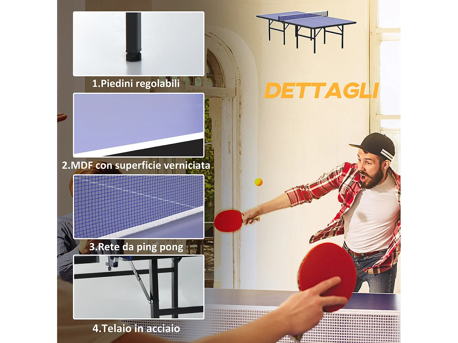 Tavolo da ping pong pieghevole in legno e acciaio blu e viola