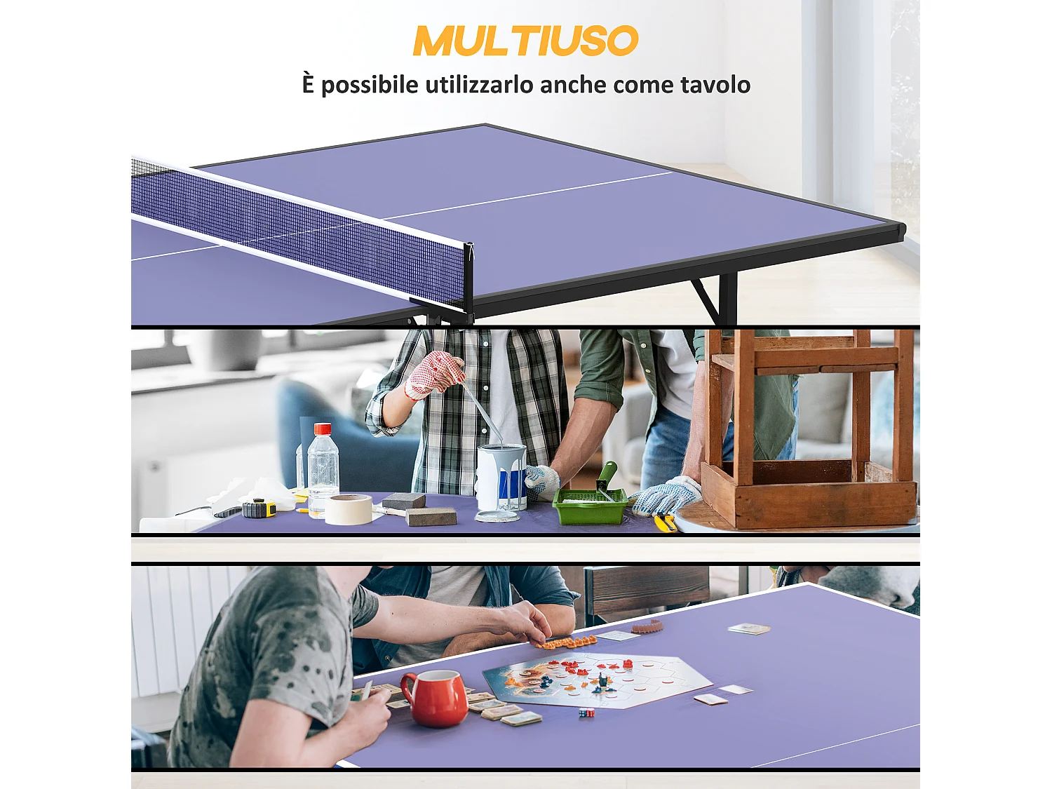 Tavolo da ping pong pieghevole in legno e acciaio blu e viola