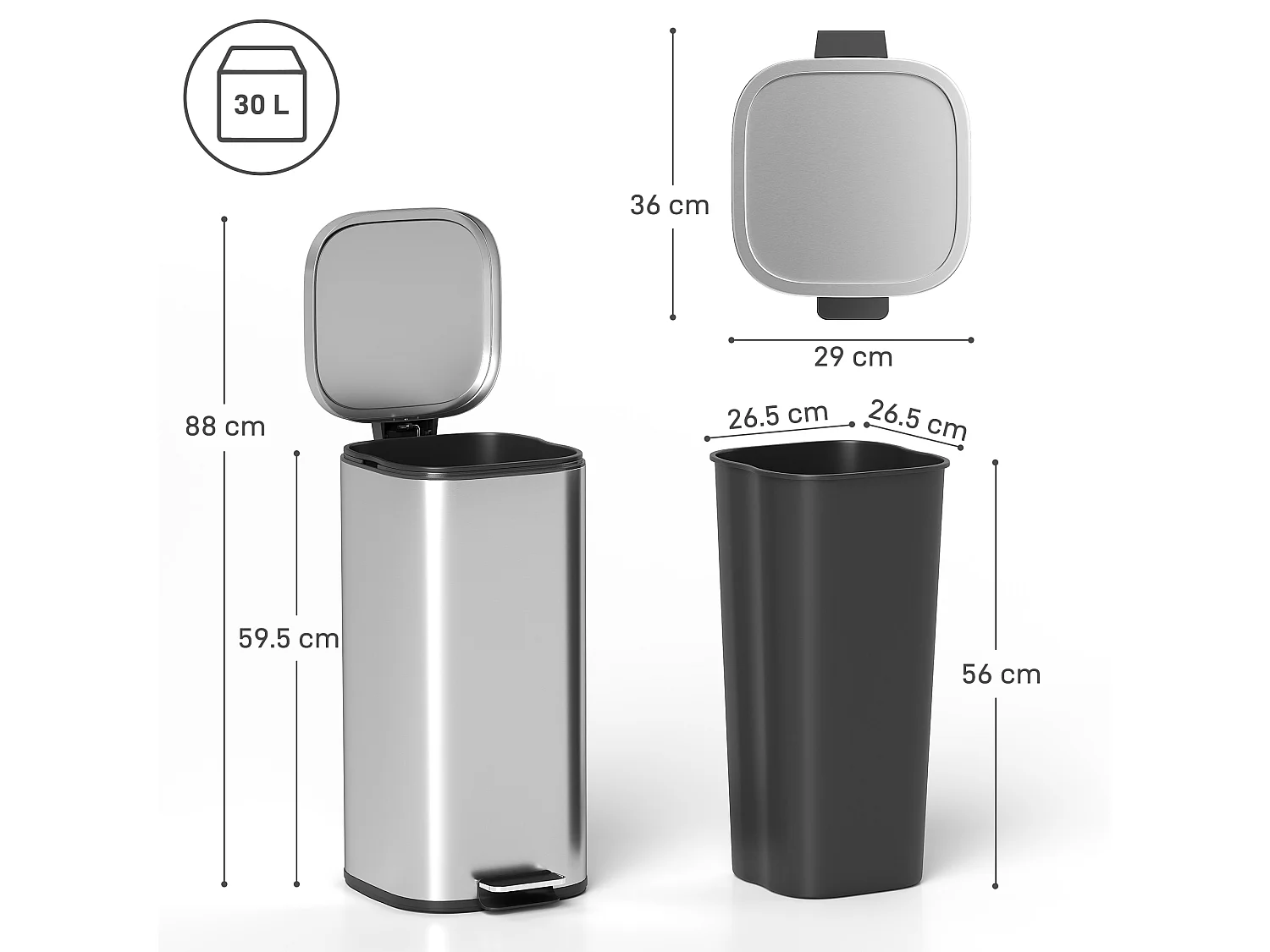 Bidone immondizia a pedale da 30l con secchio rimovibile 29x36x59.5 cm