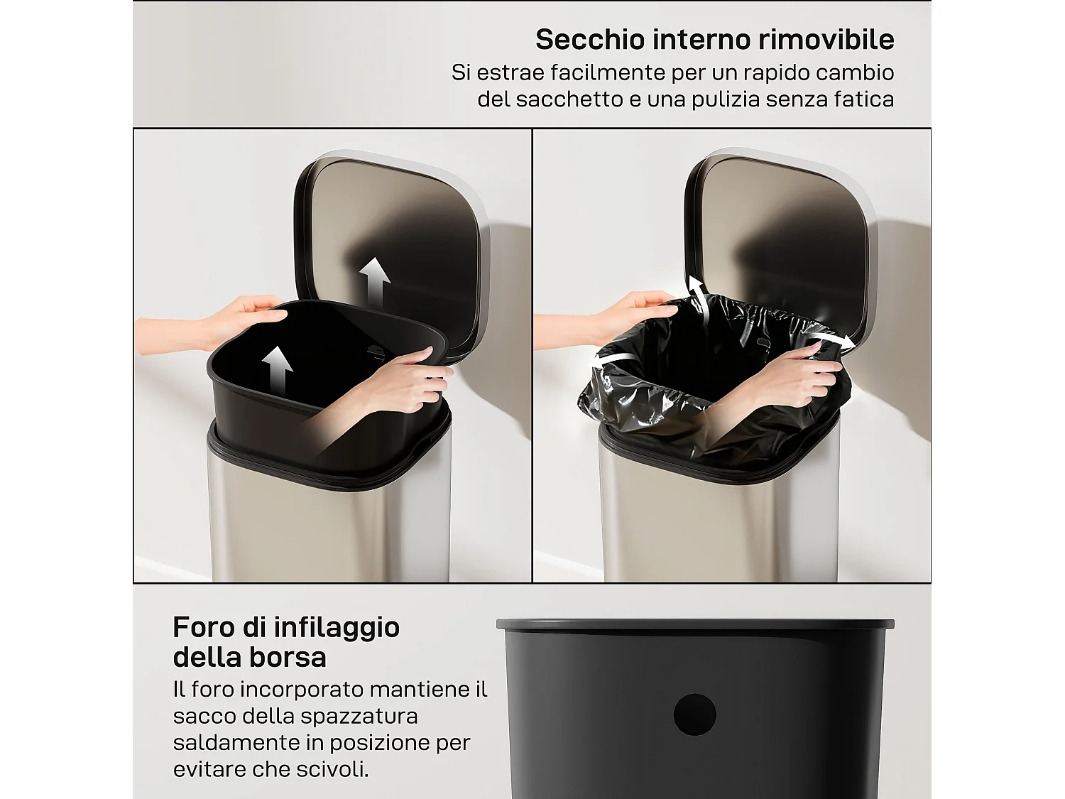 Bidone immondizia a pedale da 30l con secchio rimovibile 29x36x59.5 cm