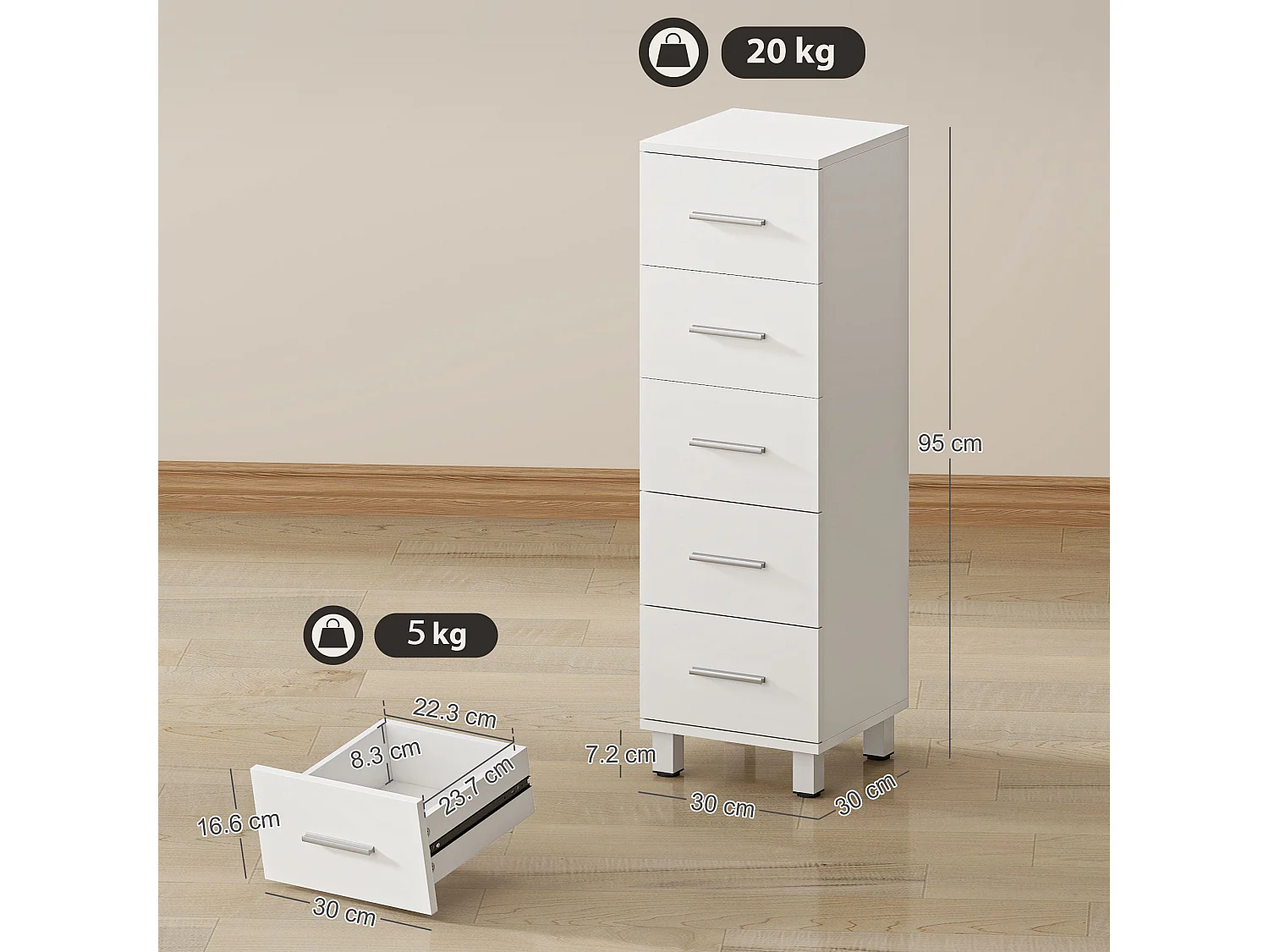 Cassettiera con 5 cassetti per camera in legno bianco