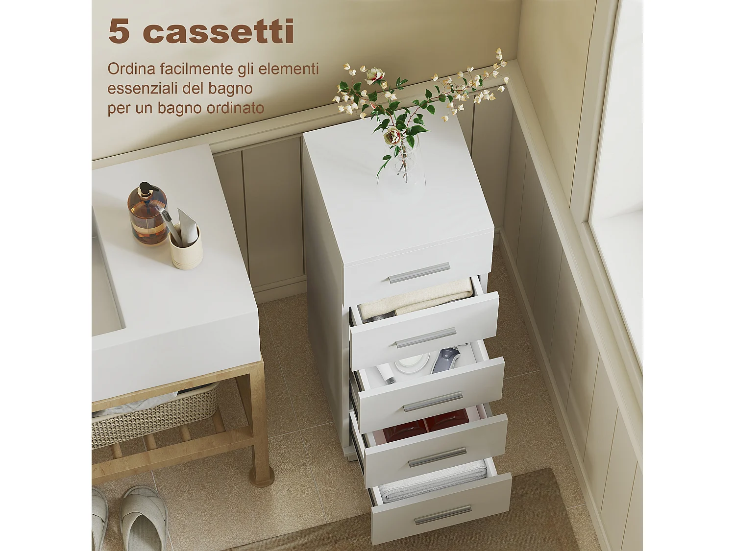 Cassettiera con 5 cassetti per camera in legno bianco
