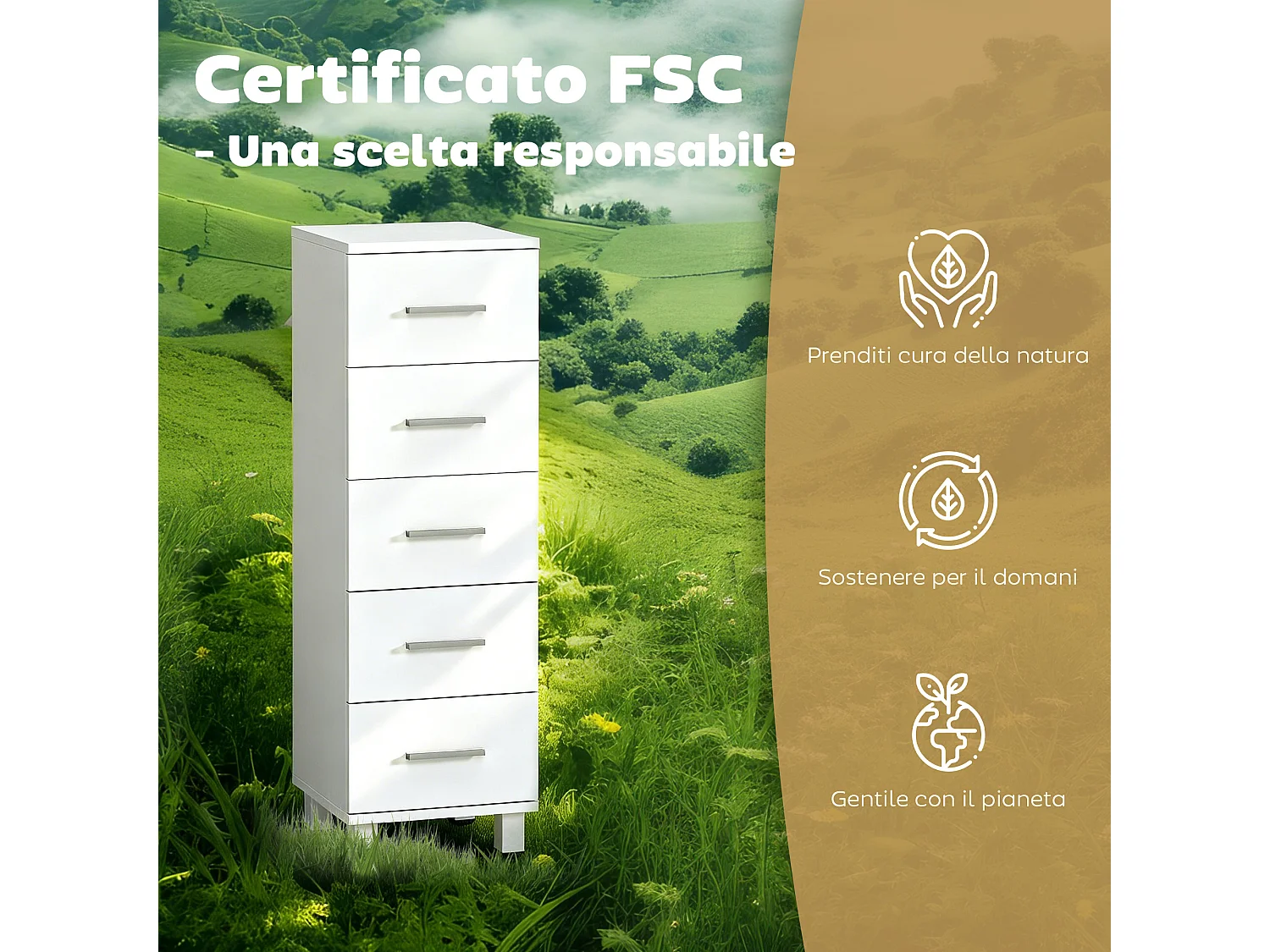 Cassettiera con 5 cassetti per camera in legno bianco