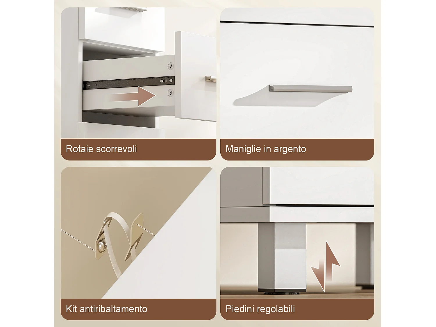 Cassettiera con 5 cassetti per camera in legno bianco