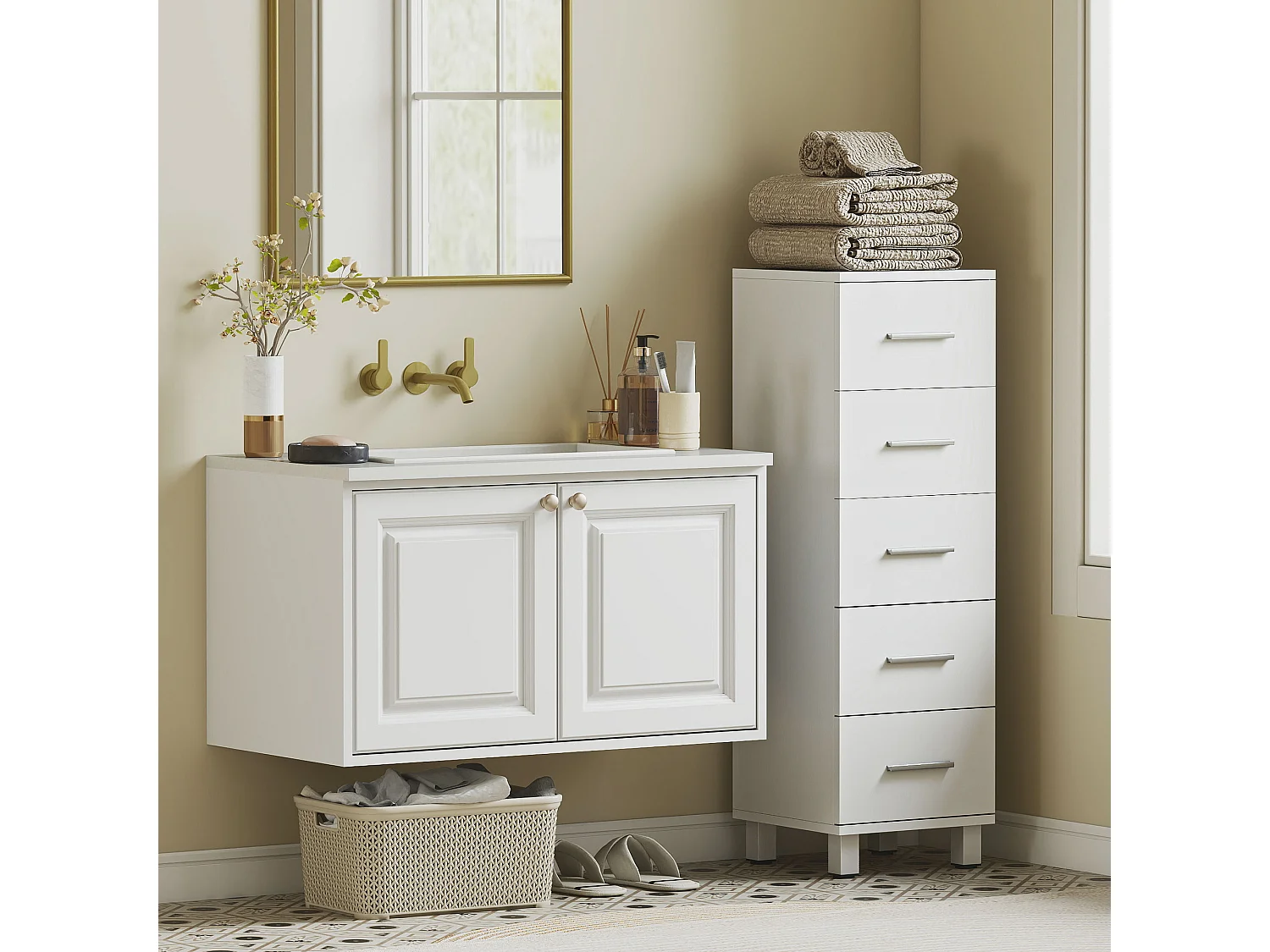 Cassettiera con 5 cassetti per camera in legno bianco