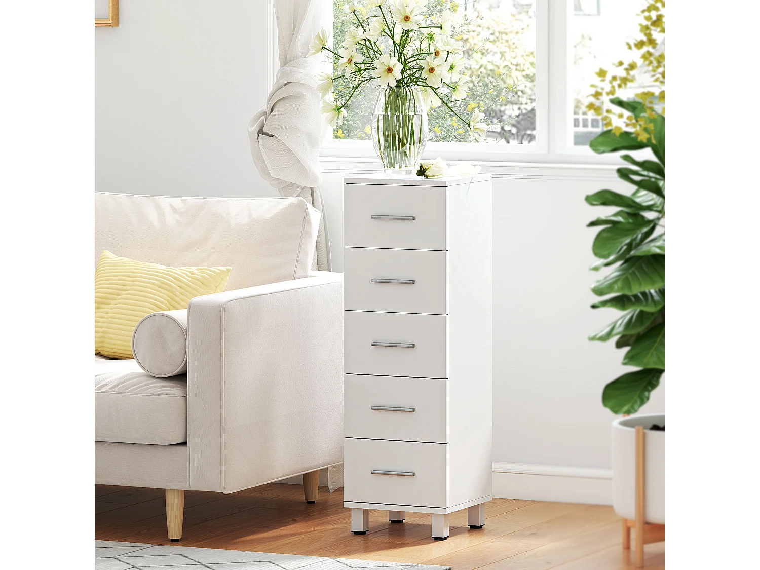 Cassettiera con 5 cassetti per camera in legno bianco