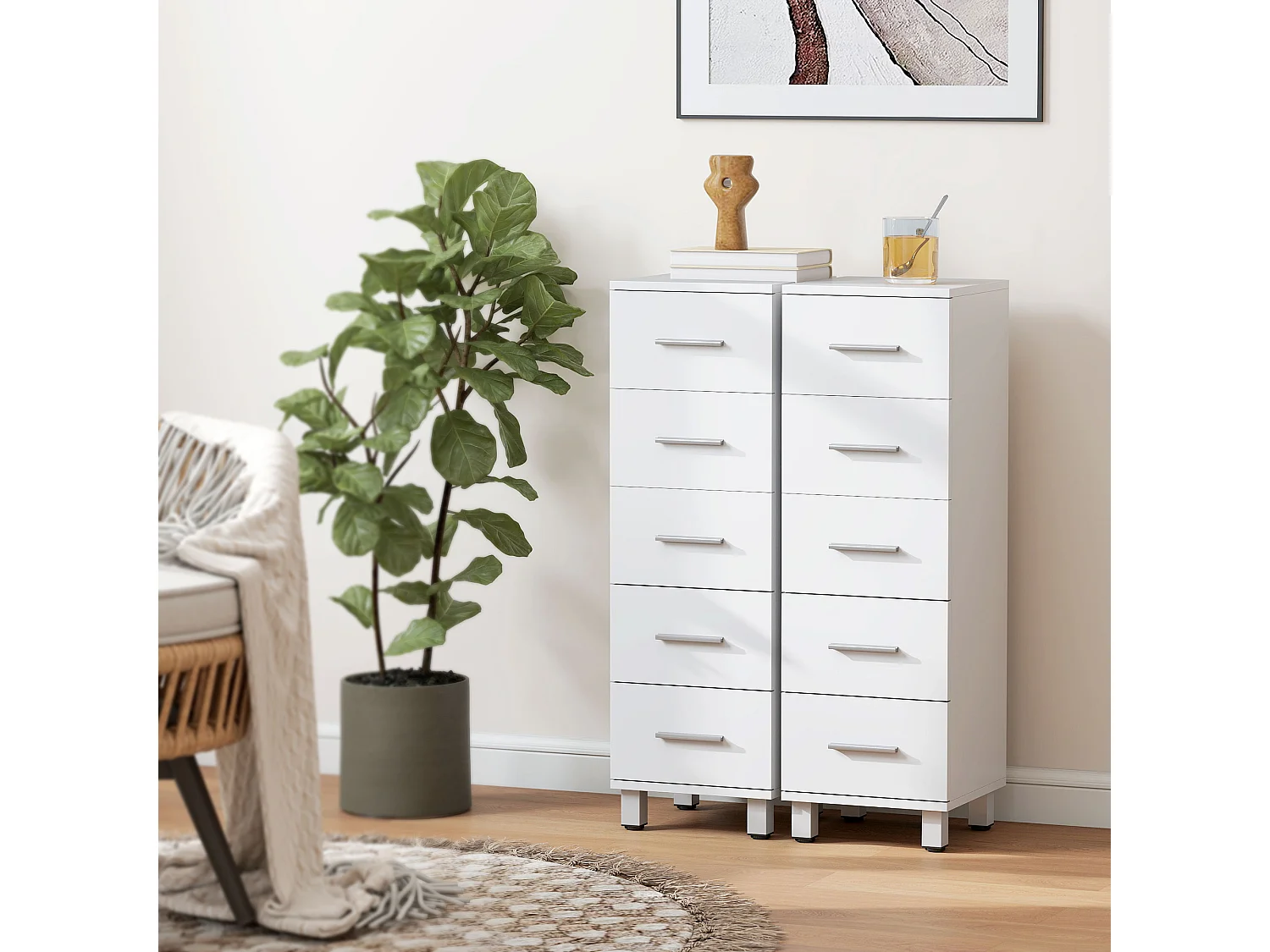 Cassettiera con 5 cassetti per camera in legno bianco