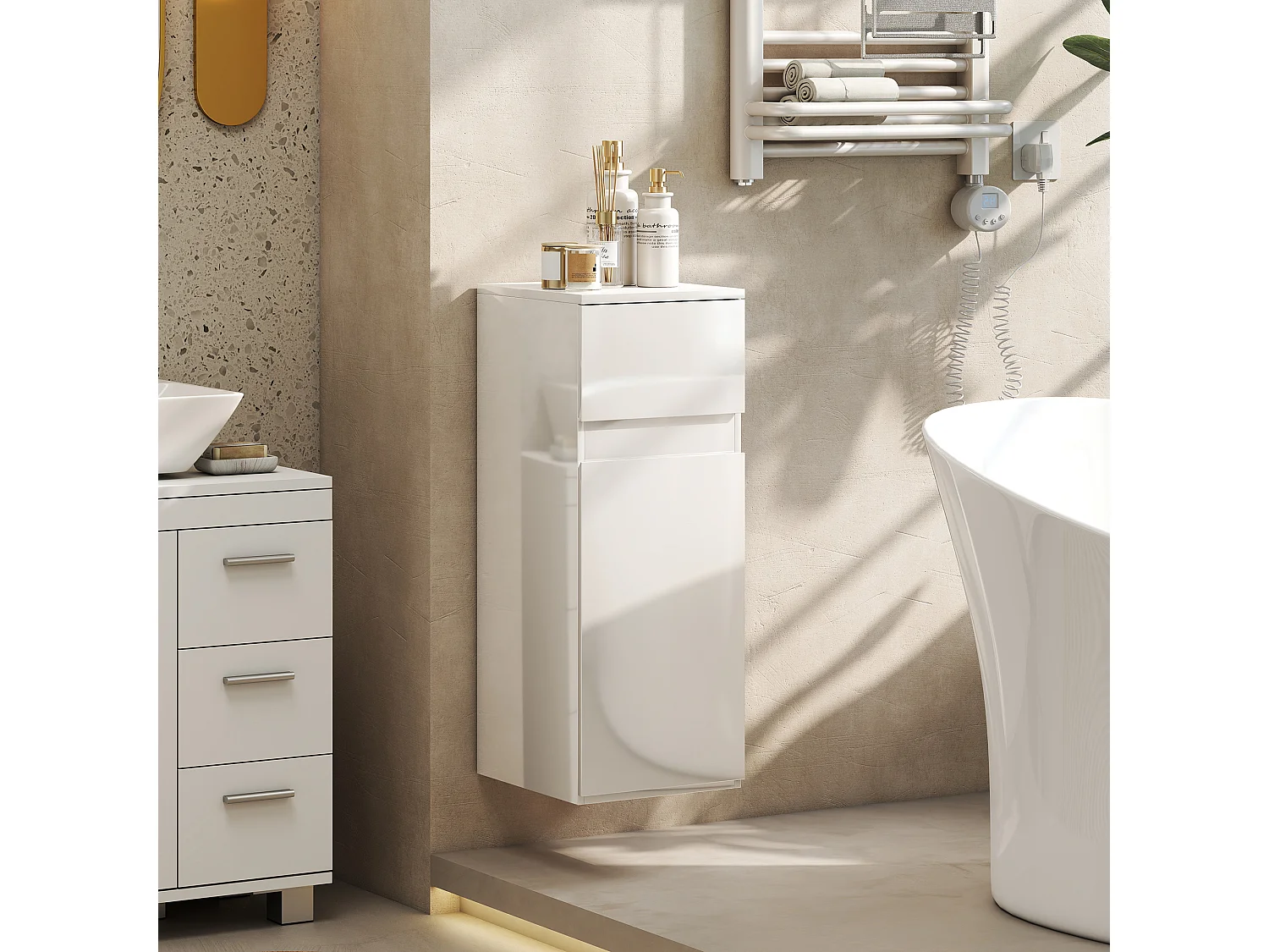 Mobile bagno sospeso con cassetto e ripiano in vetro bianco lucido