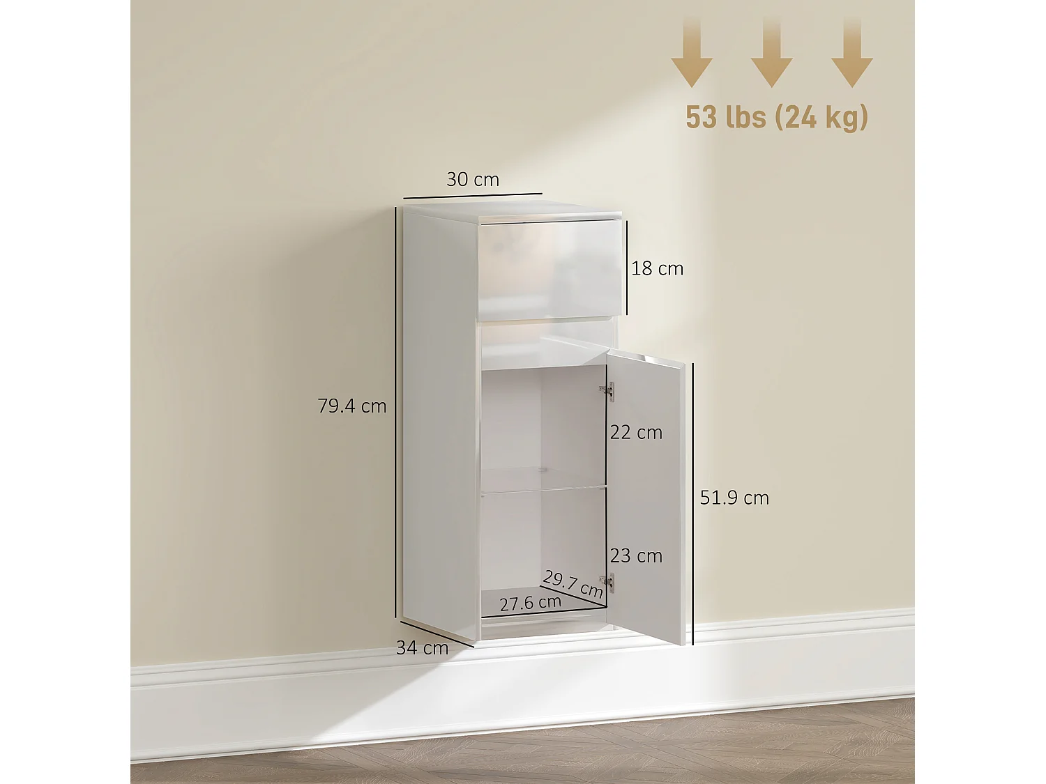 Mobile bagno sospeso con cassetto e ripiano in vetro bianco lucido