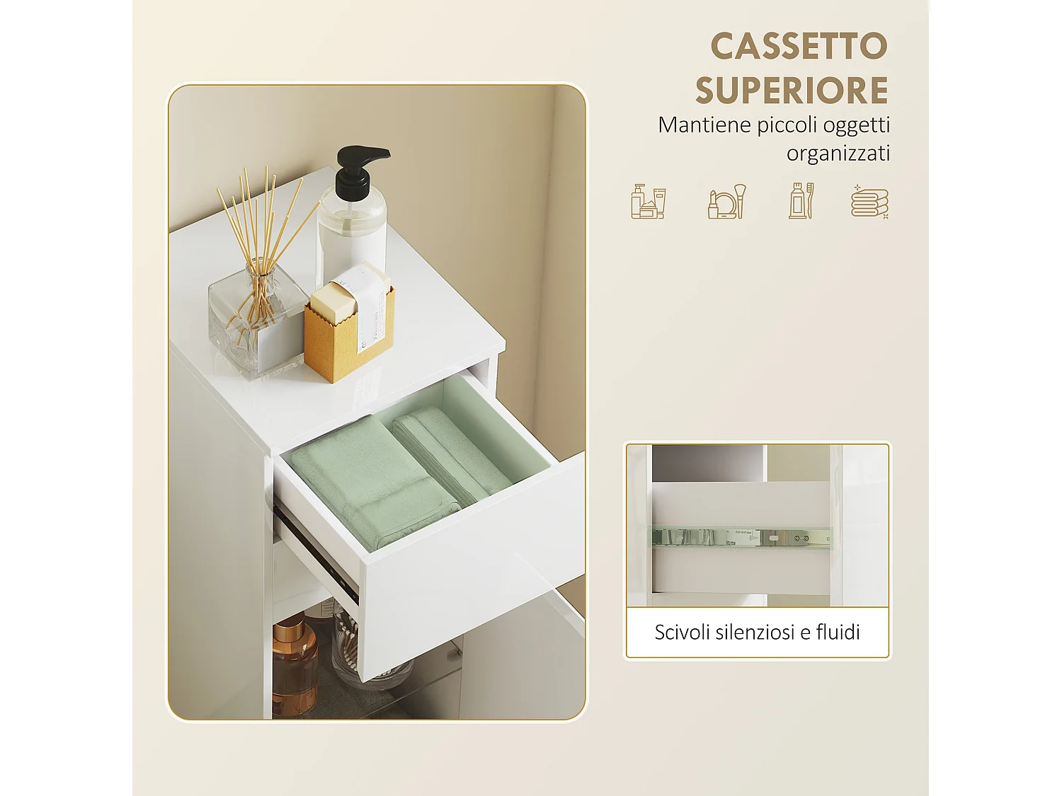 Mobile bagno sospeso con cassetto e ripiano in vetro bianco lucido