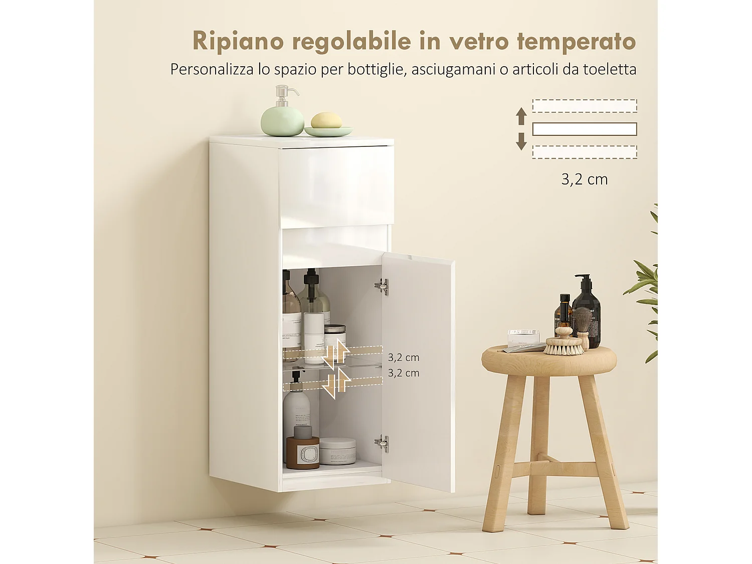 Mobile bagno sospeso con cassetto e ripiano in vetro bianco lucido