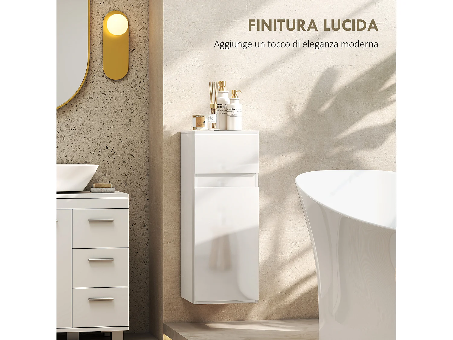 Mobile bagno sospeso con cassetto e ripiano in vetro bianco lucido