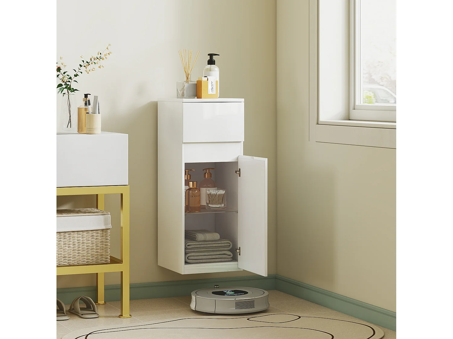 Mobile bagno sospeso con cassetto e ripiano in vetro bianco lucido