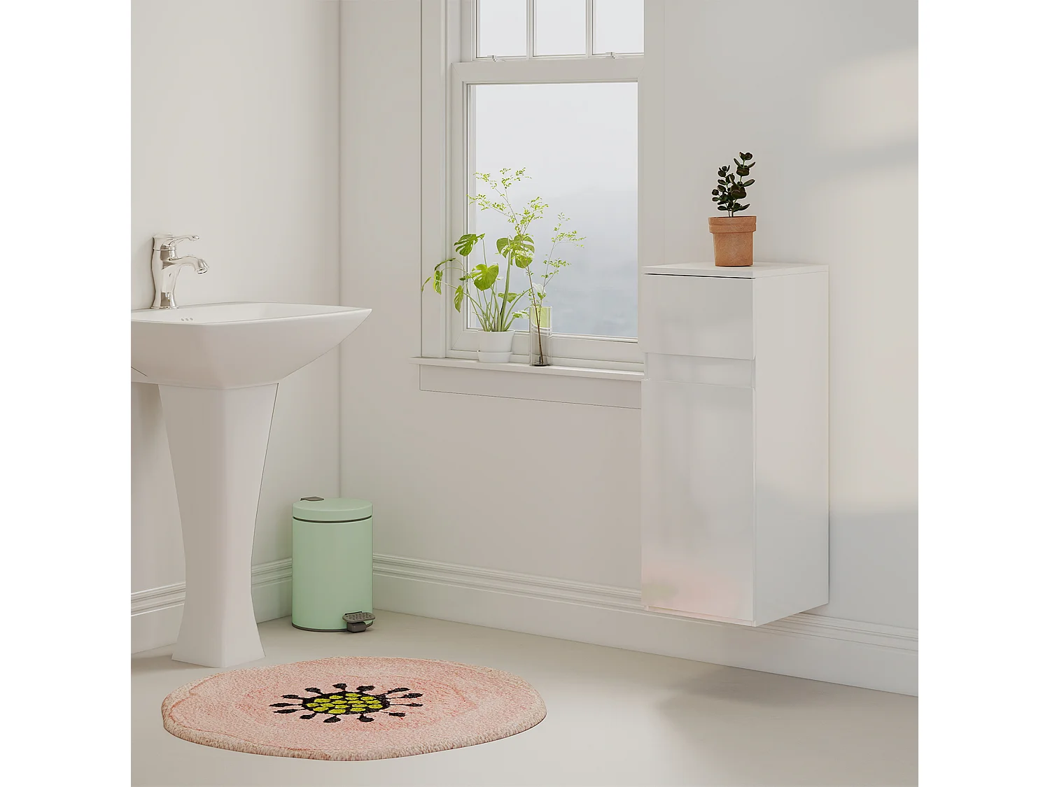 Mobile bagno sospeso con cassetto e ripiano in vetro bianco lucido