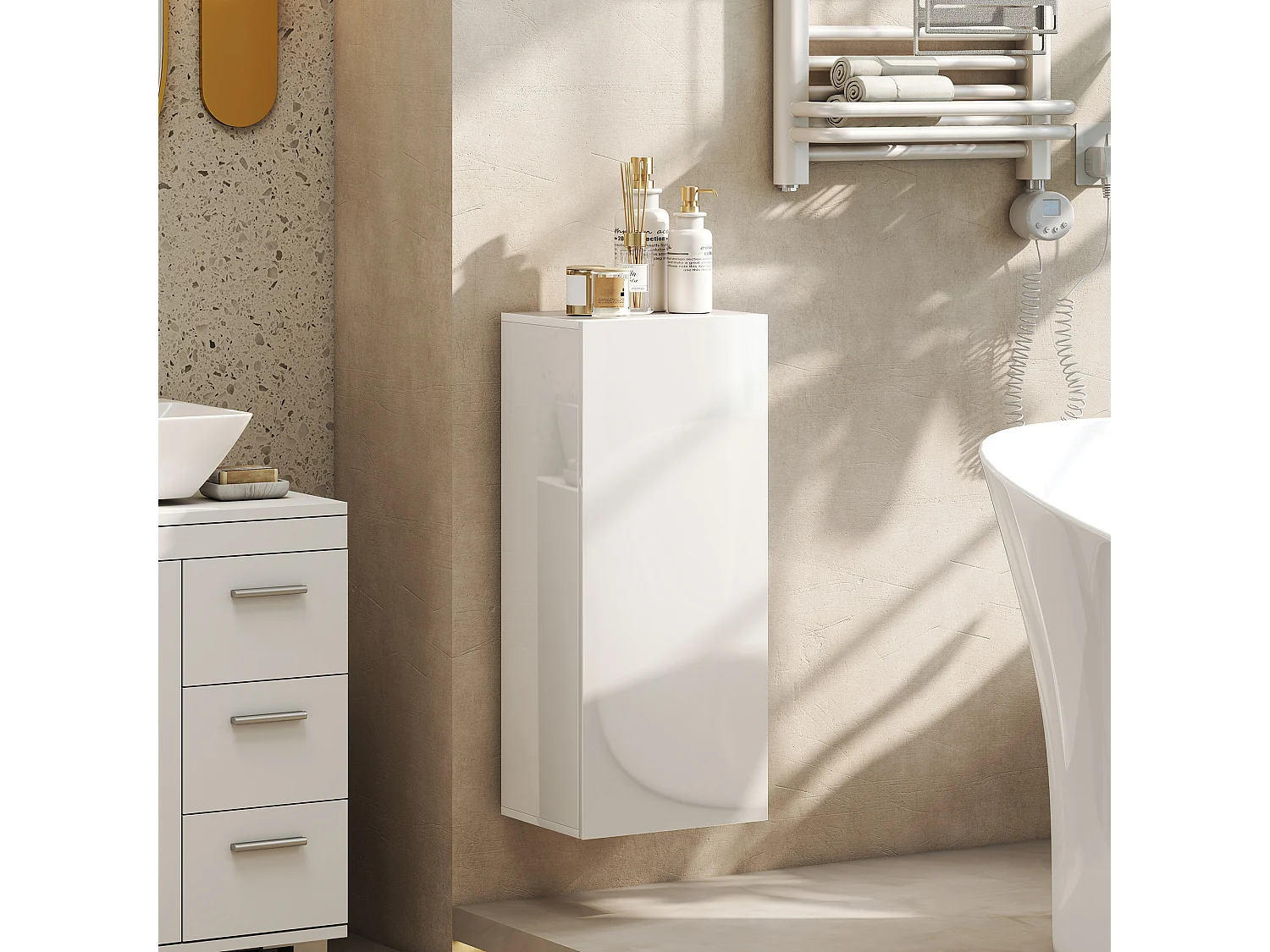 Pensile bagno con 2 ripiani regolabili e un'anta bianco lucido