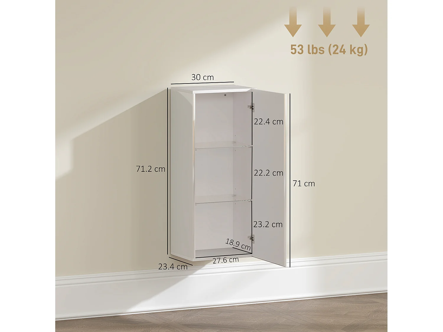 Pensile bagno con 2 ripiani regolabili e un'anta bianco lucido