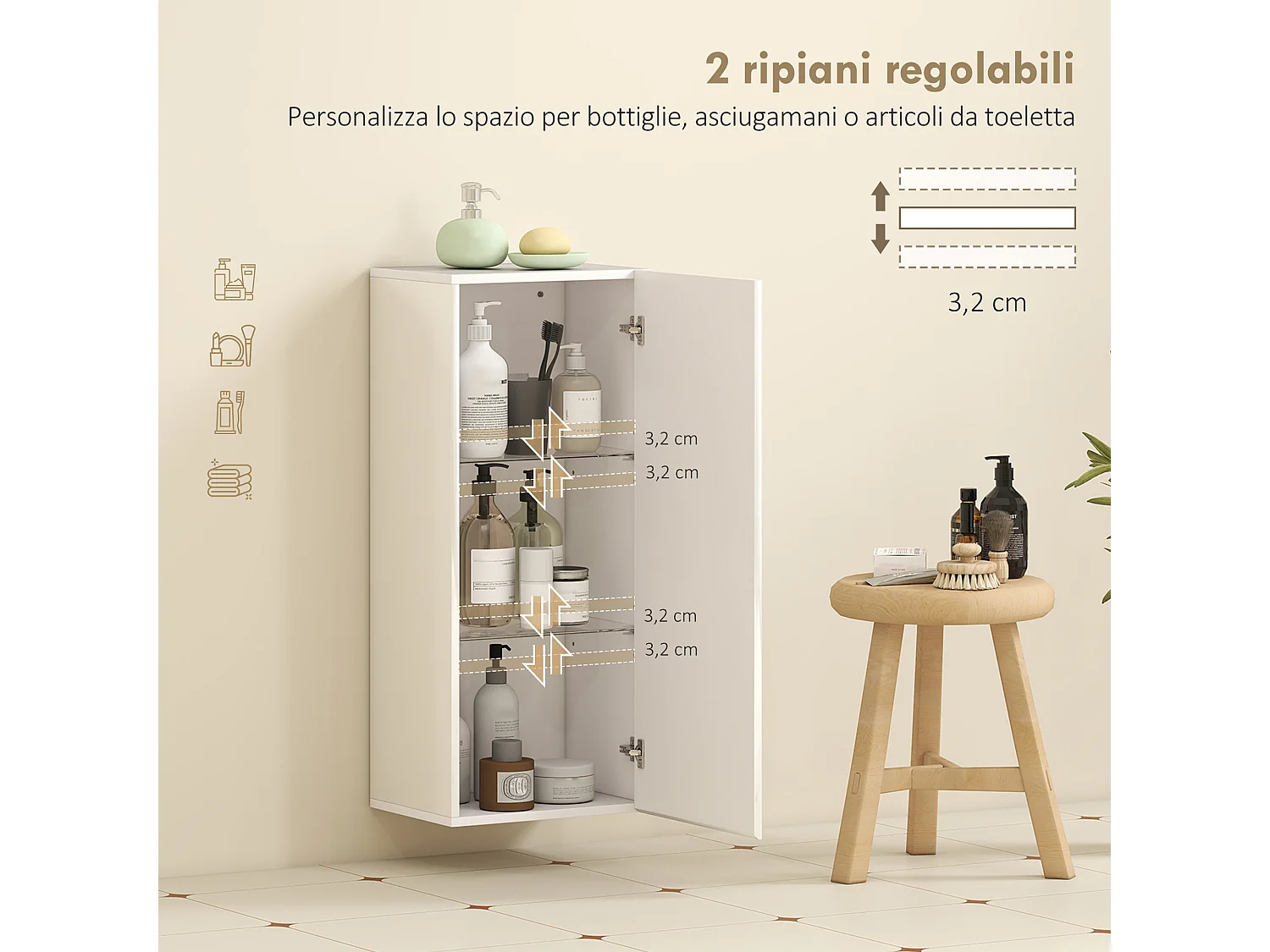 Pensile bagno con 2 ripiani regolabili e un'anta bianco lucido