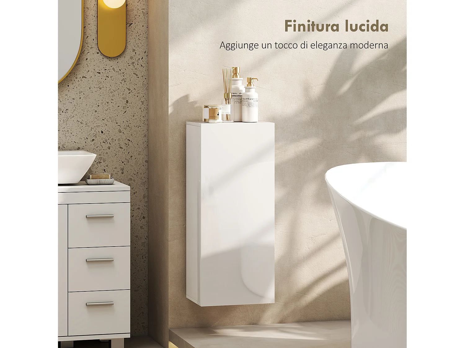 Pensile bagno con 2 ripiani regolabili e un'anta bianco lucido