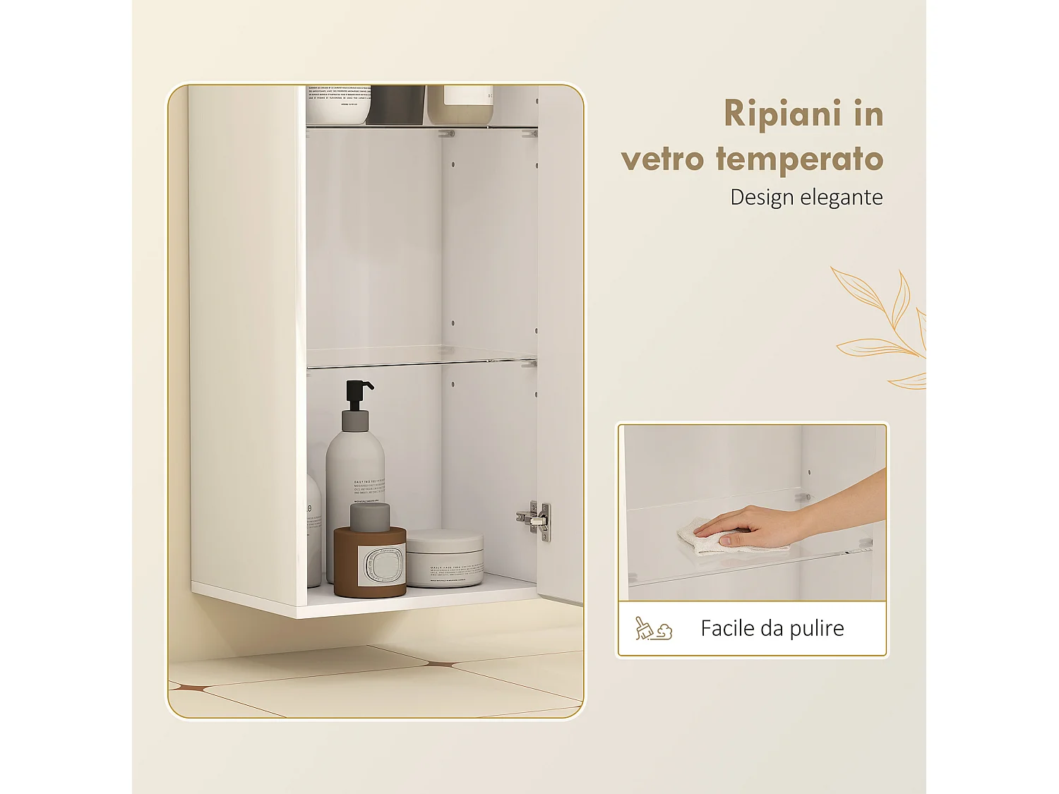 Pensile bagno con 2 ripiani regolabili e un'anta bianco lucido