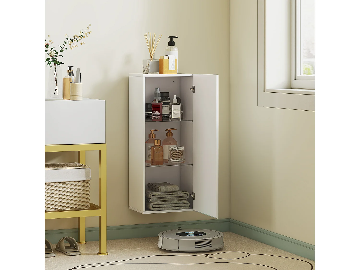 Pensile bagno con 2 ripiani regolabili e un'anta bianco lucido