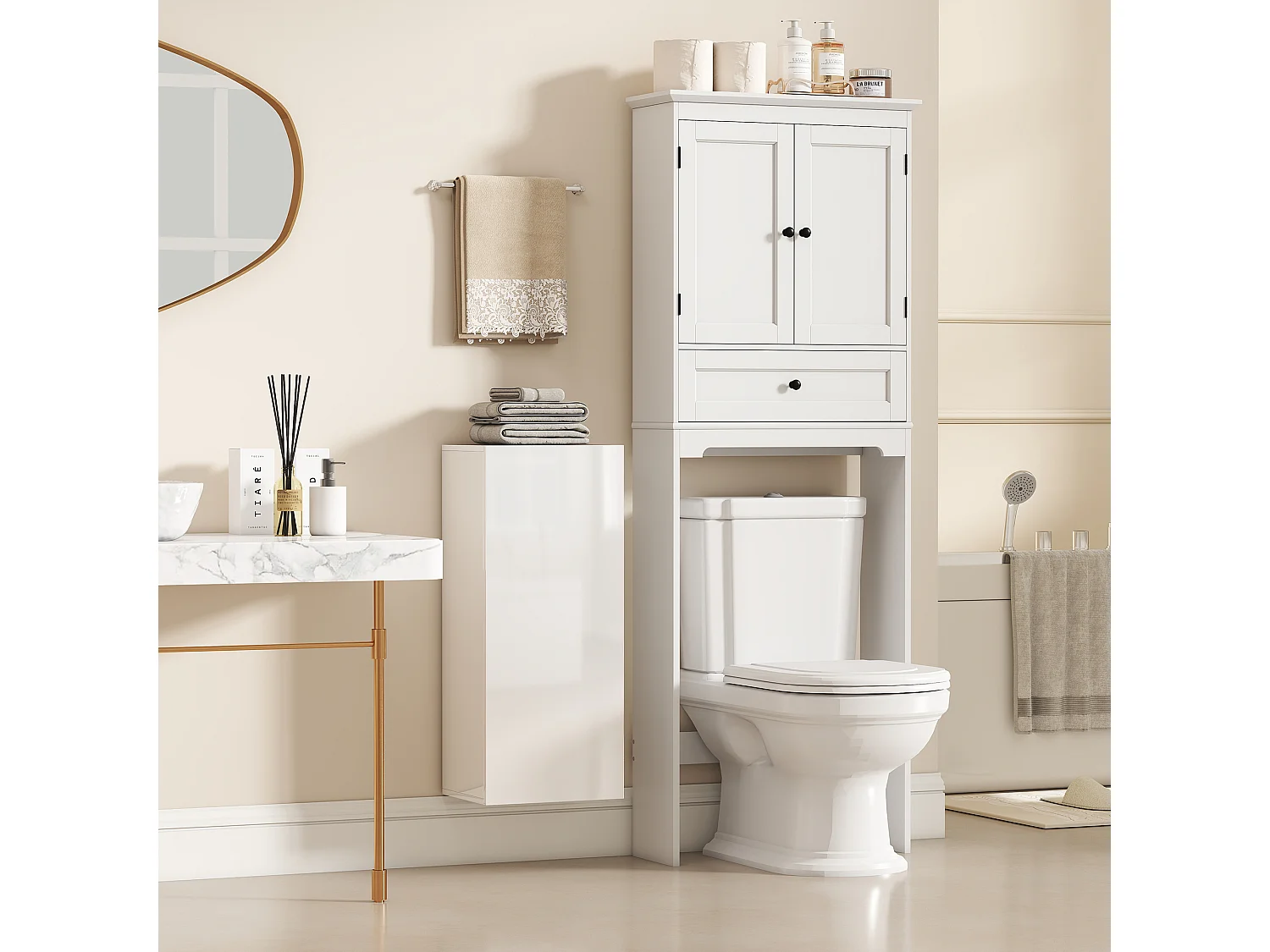 Pensile bagno con 2 ripiani regolabili e un'anta bianco lucido