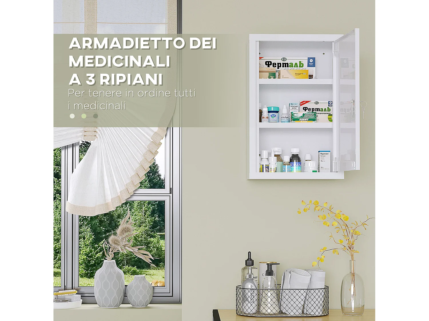 Armadietto medicinali a 3 livelli con 2 chiavi in acciaio bianco