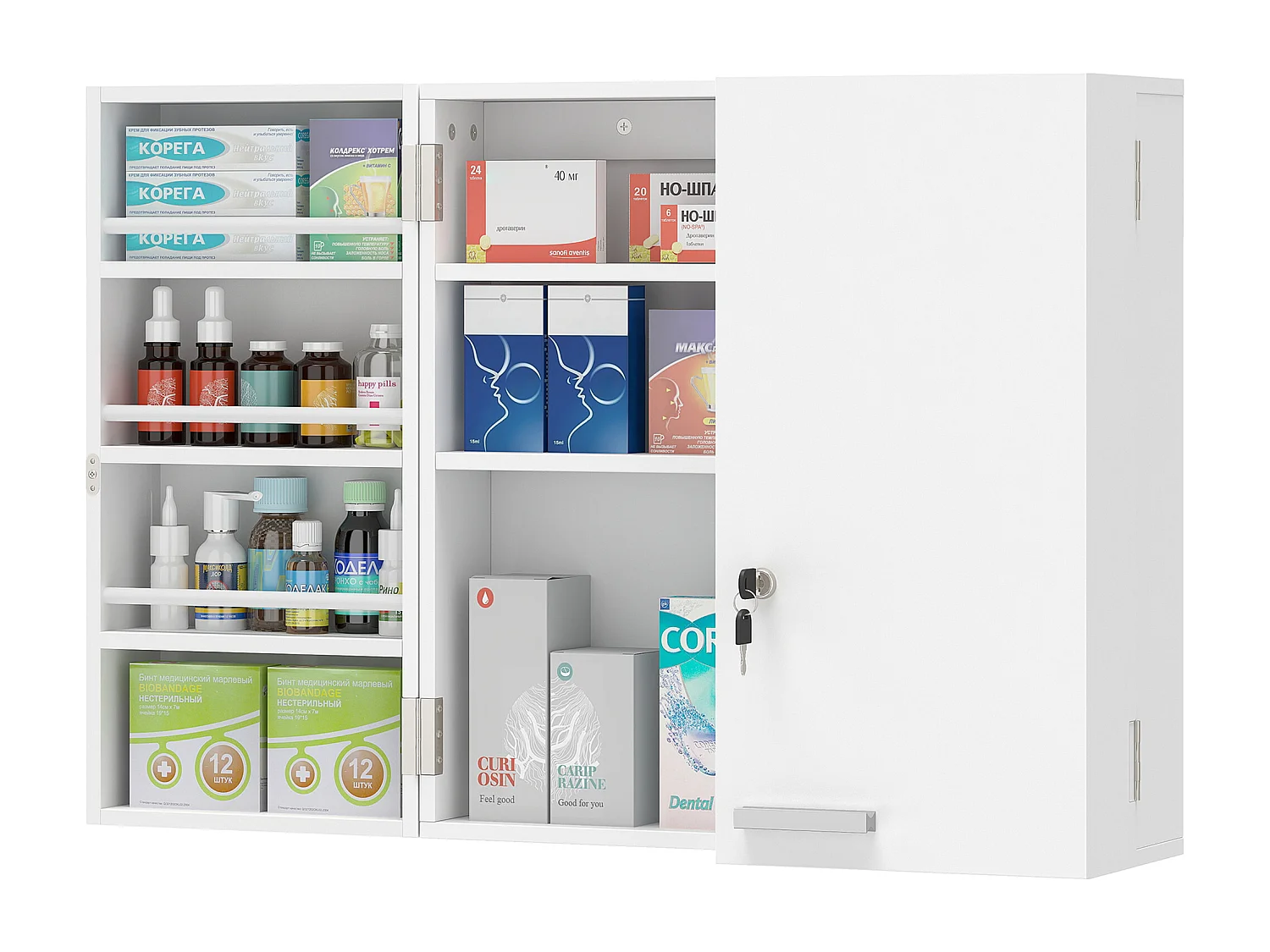Armadietto medicinali con 3 mensole interne e 8 portabottiglie bianco