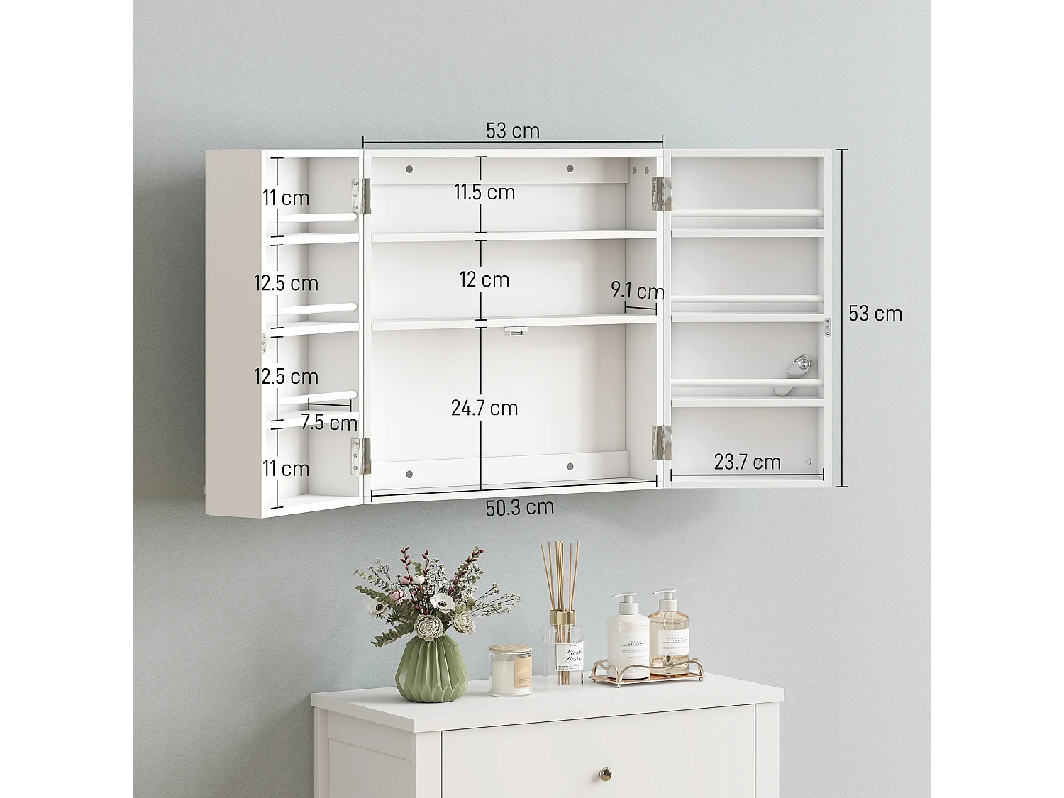 Armadietto medicinali con 3 mensole interne e 8 portabottiglie bianco