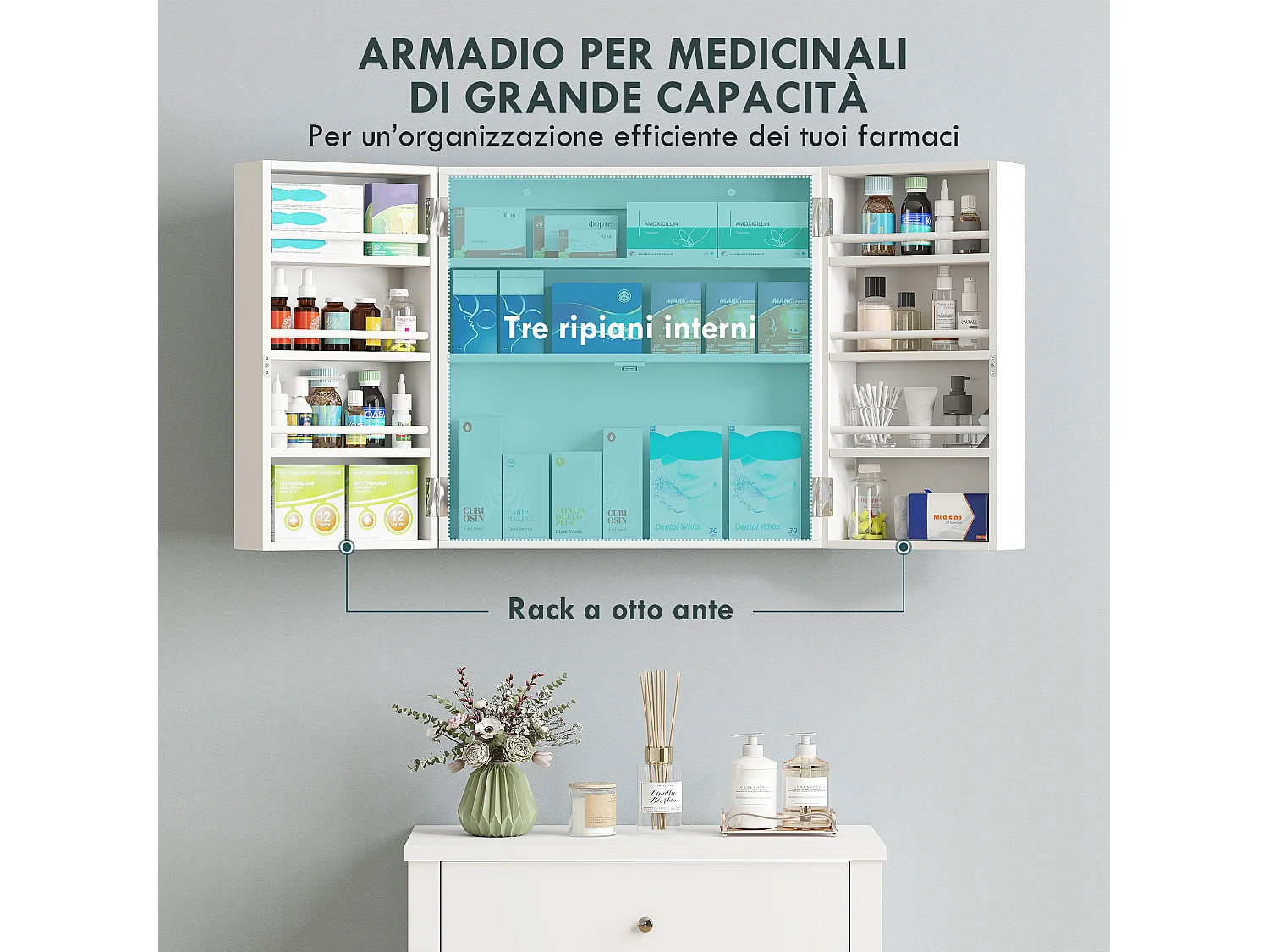 Armadietto medicinali con 3 mensole interne e 8 portabottiglie bianco