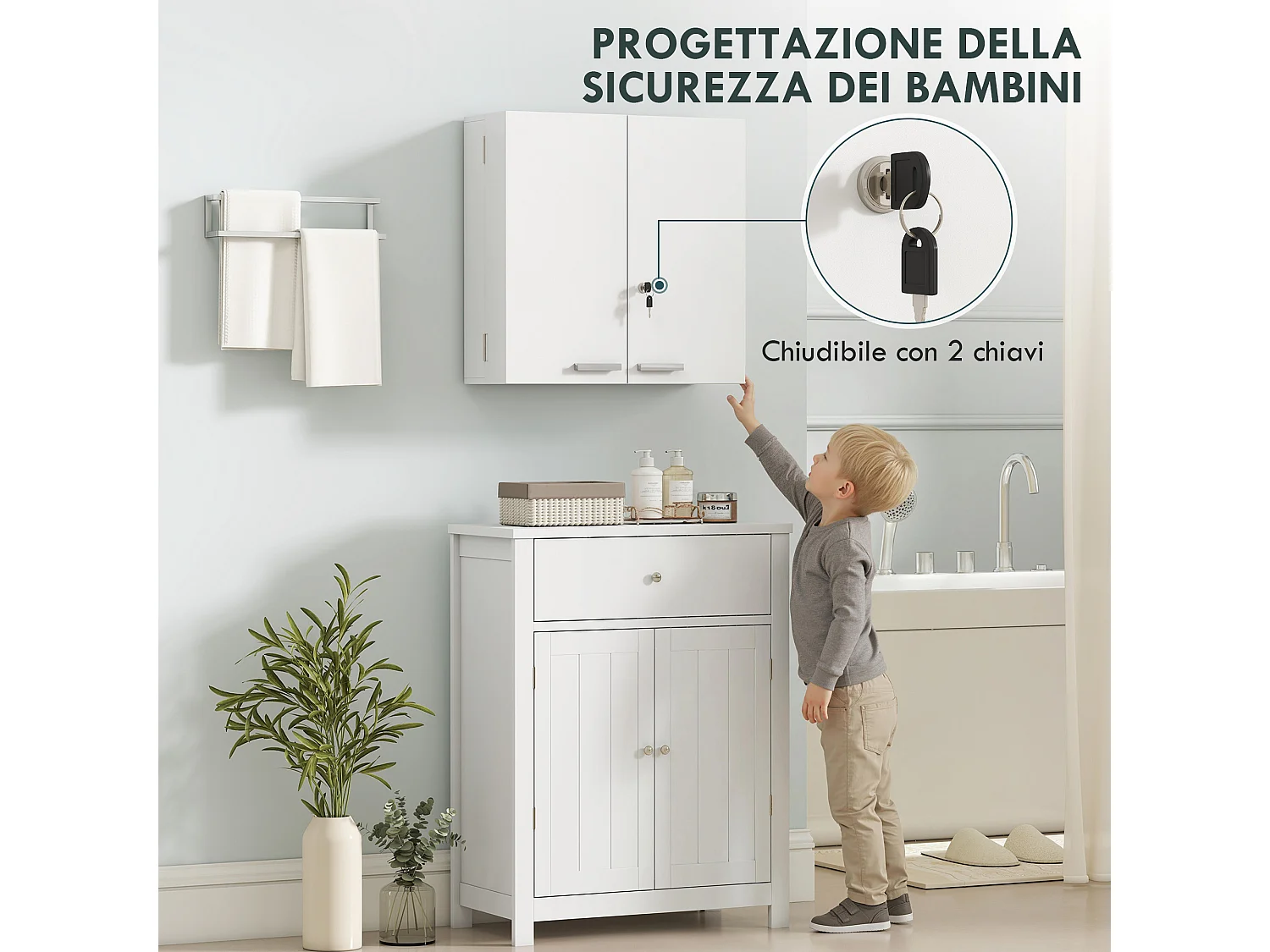 Armadietto medicinali con 3 mensole interne e 8 portabottiglie bianco