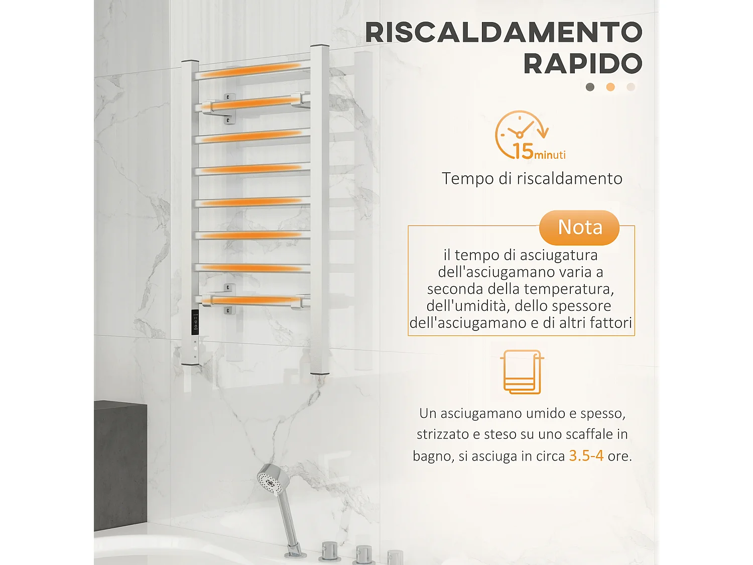 Scaldasalviette bagno elettrico da 150W con 8 barre e timer argento