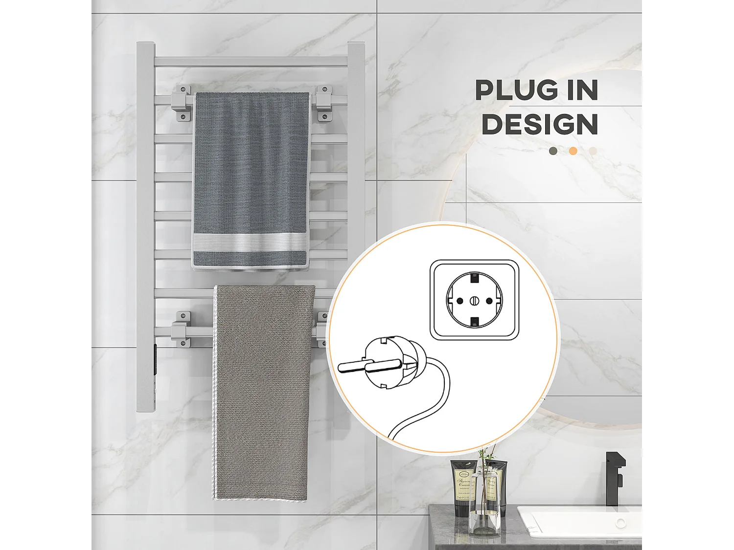 Scaldasalviette bagno elettrico da 150W con 8 barre e timer argento