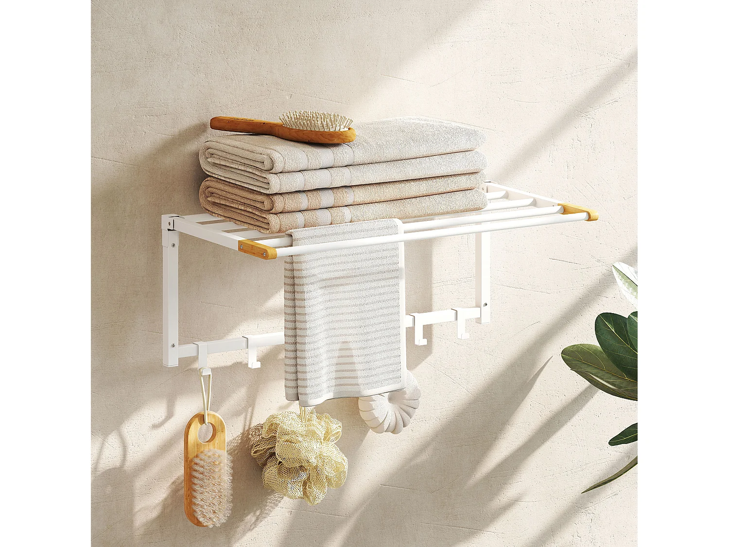 Portasciugamani a parete pieghevole con 5 barre e 6 ganci bianco