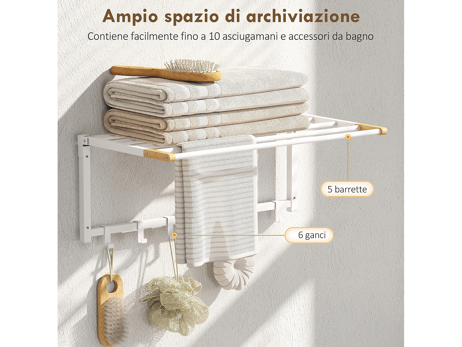 Portasciugamani a parete pieghevole con 5 barre e 6 ganci bianco