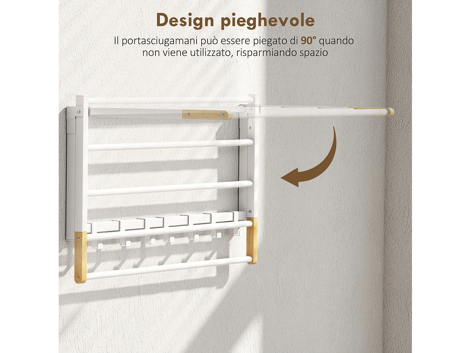 Portasciugamani a parete pieghevole con 5 barre e 6 ganci bianco
