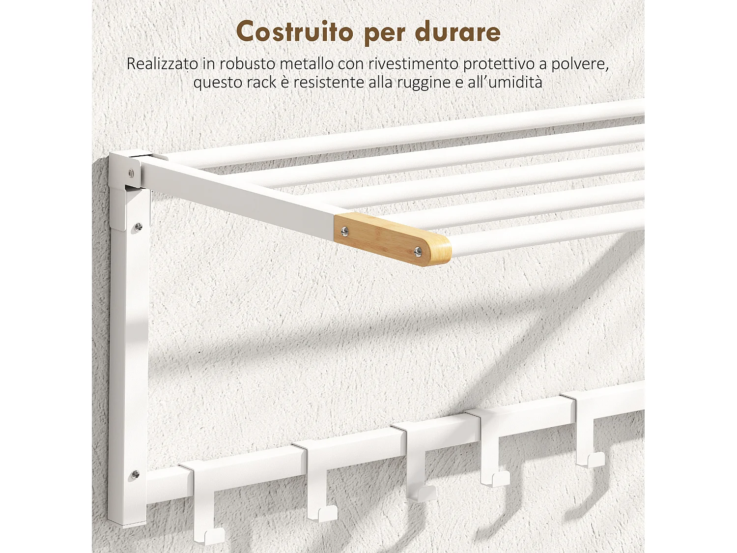 Portasciugamani a parete pieghevole con 5 barre e 6 ganci bianco