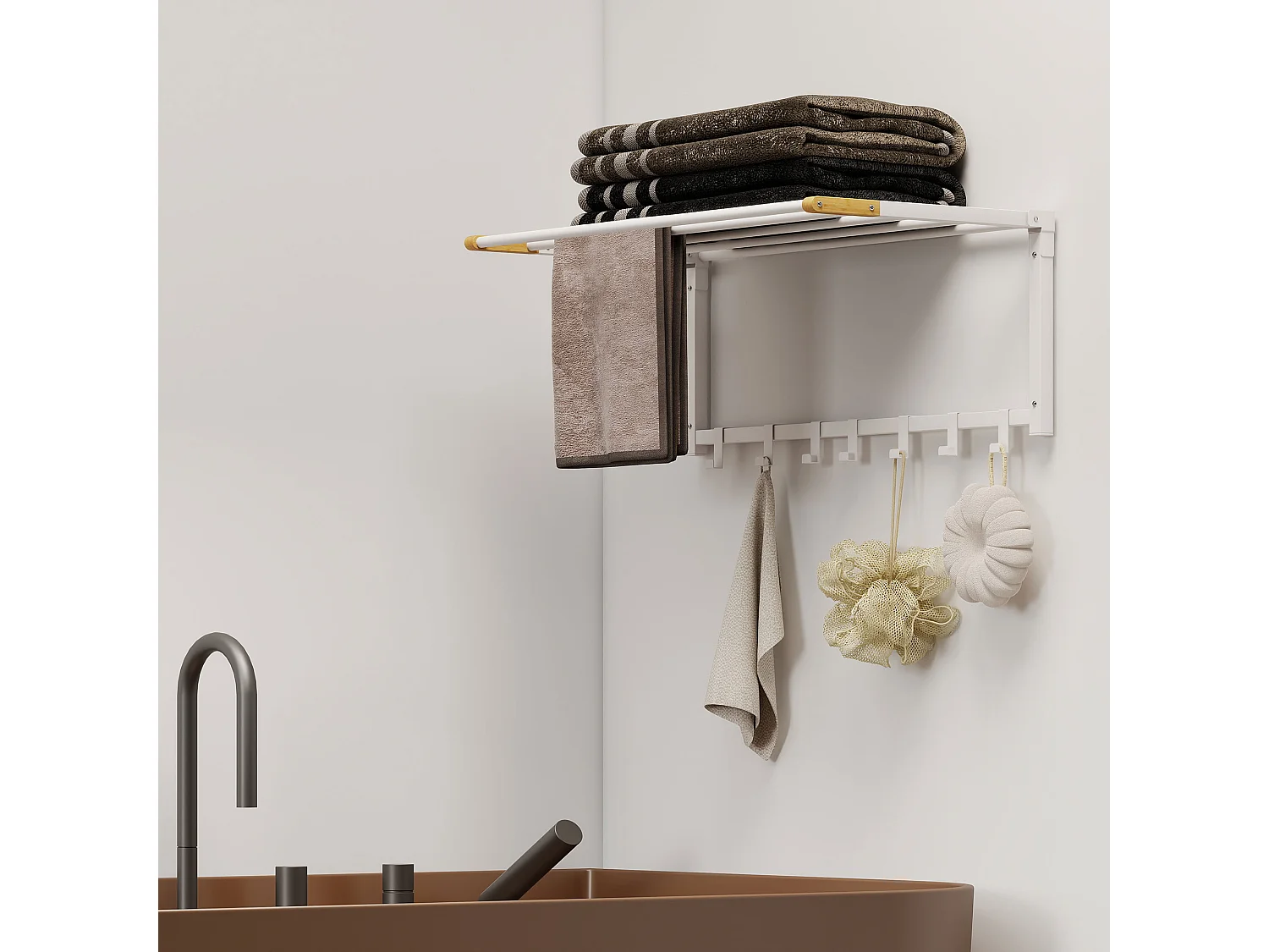 Portasciugamani a parete pieghevole con 5 barre e 6 ganci bianco