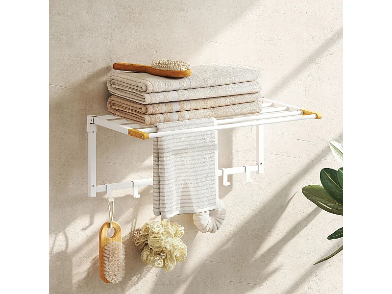 Portasciugamani a parete pieghevole con 5 barre e 6 ganci bianco