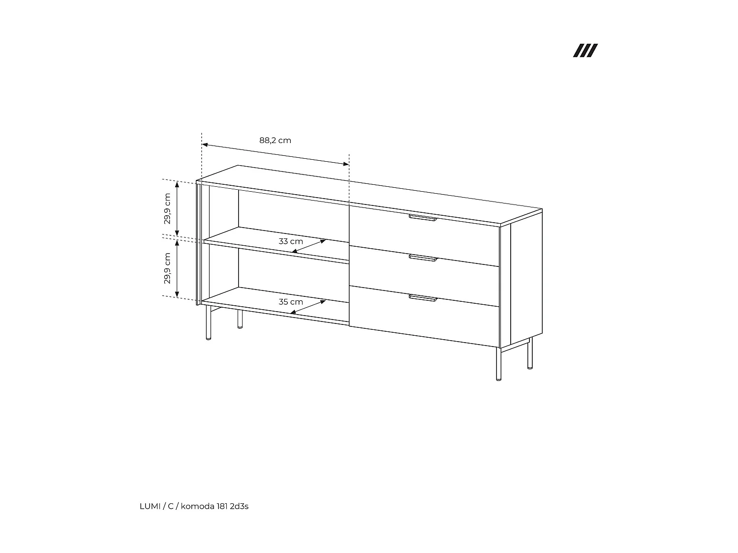 Commode, chêne Dunin, 181,3 x 82,6 x 39,3 cm
