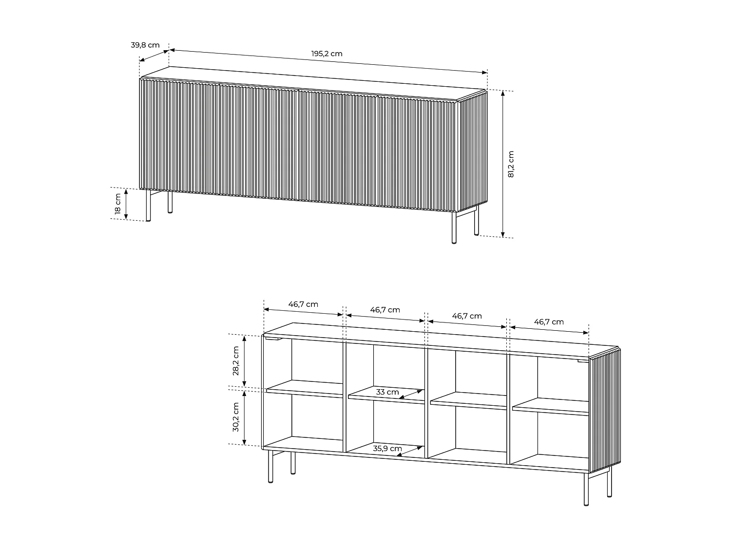 Commode, noir, 195,2 x 81,2 x 39,8 cm