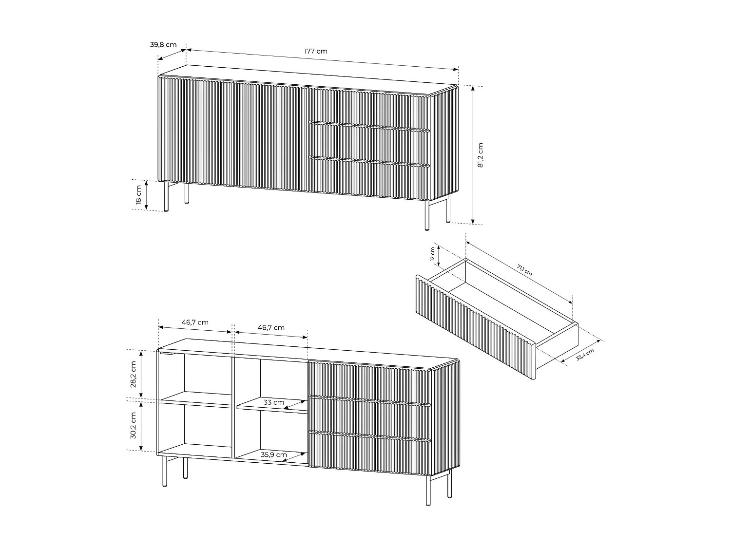 Commode, noir, 177 x 81,2 x 39,8 cm