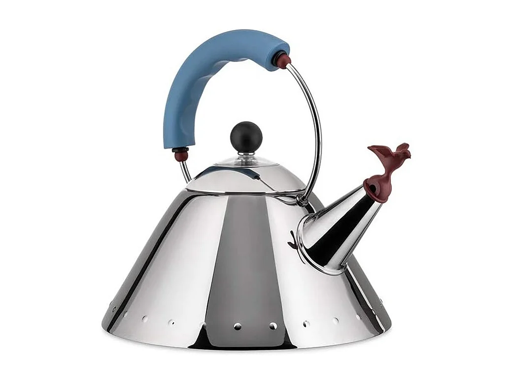 Czajnik Alessi 9093 ze stali nierdzewnej 2L z gwizdkiem w kształcie niebieskiego ptaka, ikoniczny design Michaela Gravesa