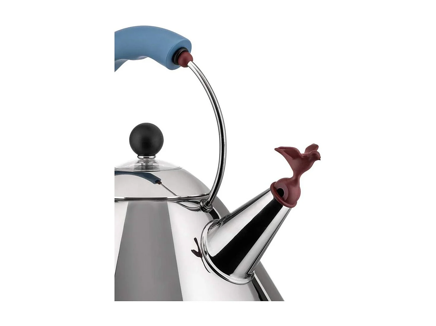 Czajnik Alessi 9093 ze stali nierdzewnej 2L z gwizdkiem w kształcie niebieskiego ptaka, ikoniczny design Michaela Gravesa