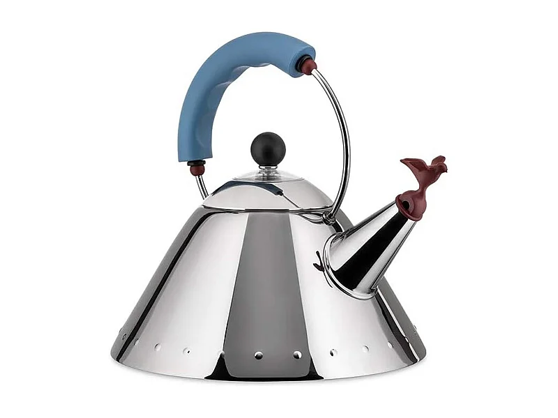 Czajnik Alessi 9093 ze stali nierdzewnej 2L z gwizdkiem w kształcie niebieskiego ptaka, ikoniczny design Michaela Gravesa