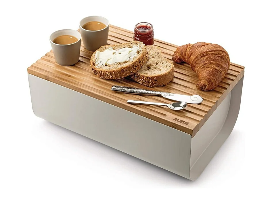Mattina, Boîte à pain en métal gris et planche à découper en bambou, Alessi