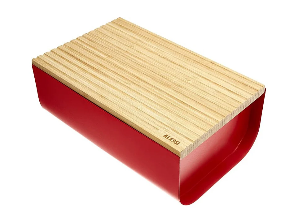 Mattina, Boîte à pain en métal rouge et planche à découper en bambou, Alessi