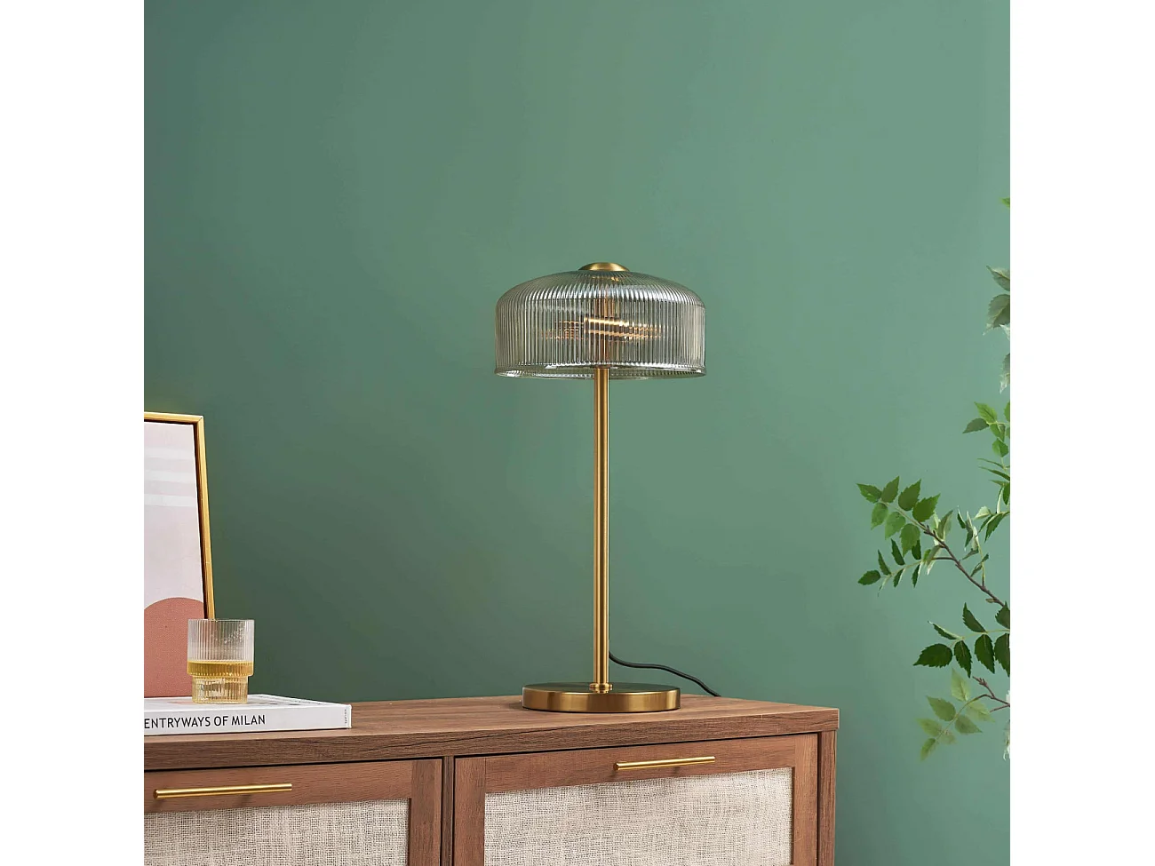 Lampe à poser vintage laiton et verre ambré strié - Auréline