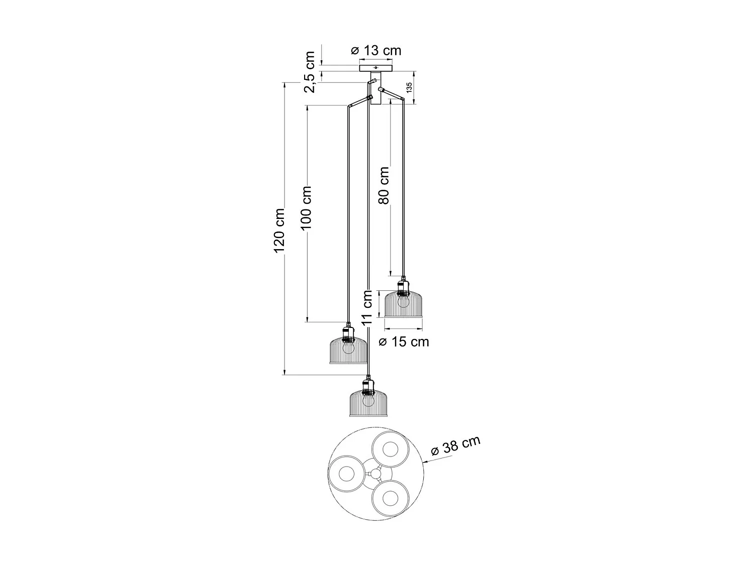 Suspension triple vintage laiton verres ambrés striés - Auréline