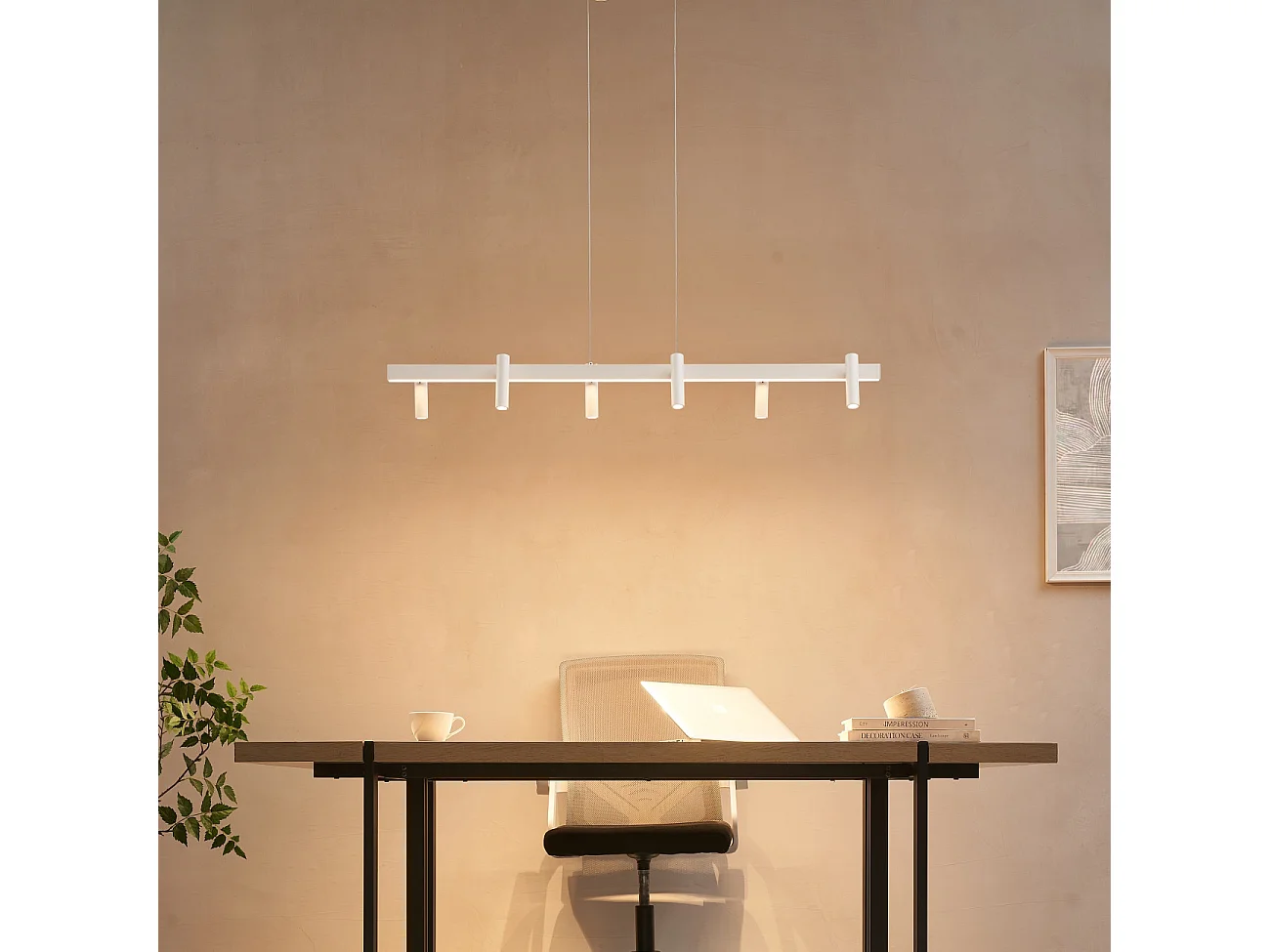 Longue suspension blanche linéaire LED dimmable spots orientables  - Aniska